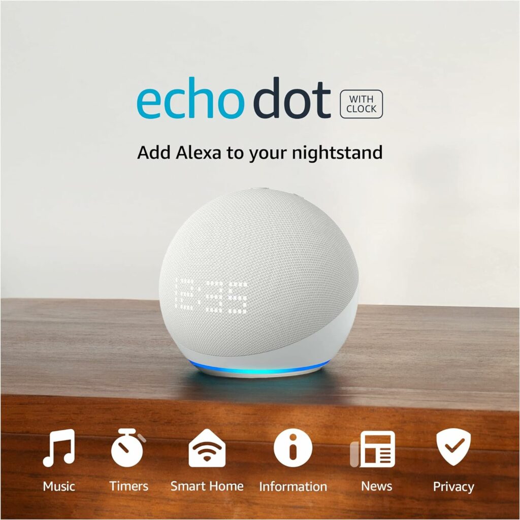 Amazon Echo Dot (5th Gen) with clock | Compact smart speaker with Alexa and enhanced LED display for at-a-glance clock, timers, weather, and more | Glacier White Amazon Echo Dot (5th Gen) with clock | Compact smart speaker with Alexa and enhanced LED display for at-a-glance clock, timers, weather, and more | Glacier White
