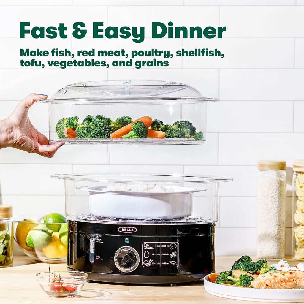 BELLA Two Tier Food Steamer with Dishwasher Safe Lids and Stackable Baskets  Removable Base for Fast Simultaneous Cooking - Auto Shutoff  Boil Dry Protection, 7.4 QT, Black BELLA Two Tier Food Steamer with Dishwasher Safe Lids and Stackable Baskets  Removable Base for Fast Simultaneous Cooking - Auto Shutoff  Boil Dry Protection, 7.4 QT, Black