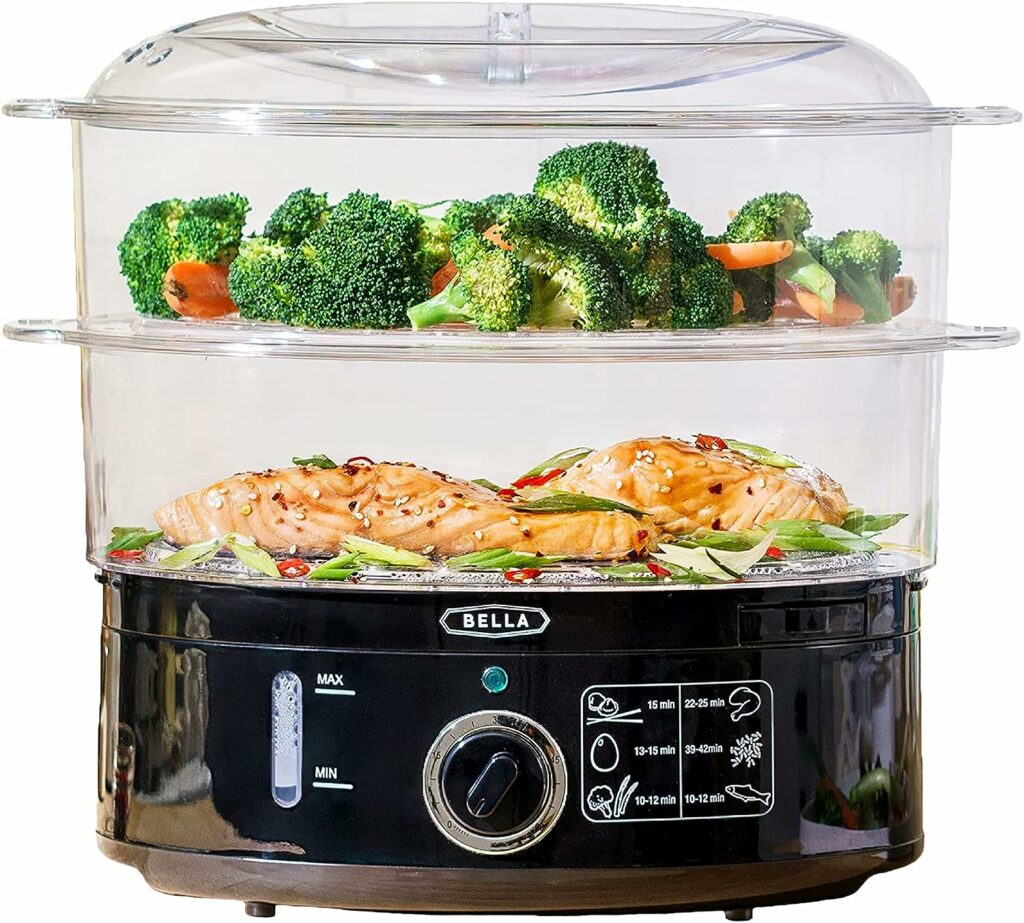 BELLA Two Tier Food Steamer with Dishwasher Safe Lids and Stackable Baskets  Removable Base for Fast Simultaneous Cooking - Auto Shutoff  Boil Dry Protection, 7.4 QT, Black BELLA Two Tier Food Steamer with Dishwasher Safe Lids and Stackable Baskets  Removable Base for Fast Simultaneous Cooking - Auto Shutoff  Boil Dry Protection, 7.4 QT, Black