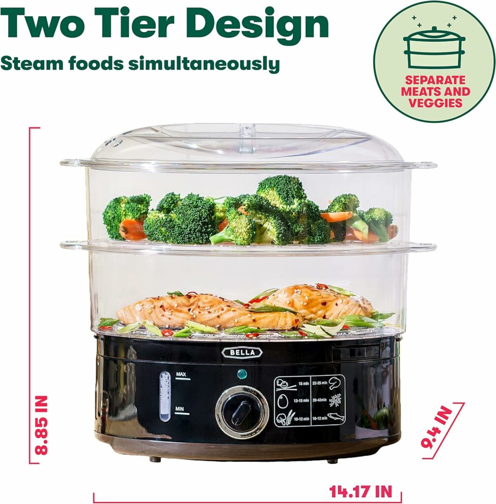 BELLA Two Tier Food Steamer with Dishwasher Safe Lids and Stackable Baskets  Removable Base for Fast Simultaneous Cooking - Auto Shutoff  Boil Dry Protection, 7.4 QT, Black BELLA Two Tier Food Steamer with Dishwasher Safe Lids and Stackable Baskets  Removable Base for Fast Simultaneous Cooking - Auto Shutoff  Boil Dry Protection, 7.4 QT, Black