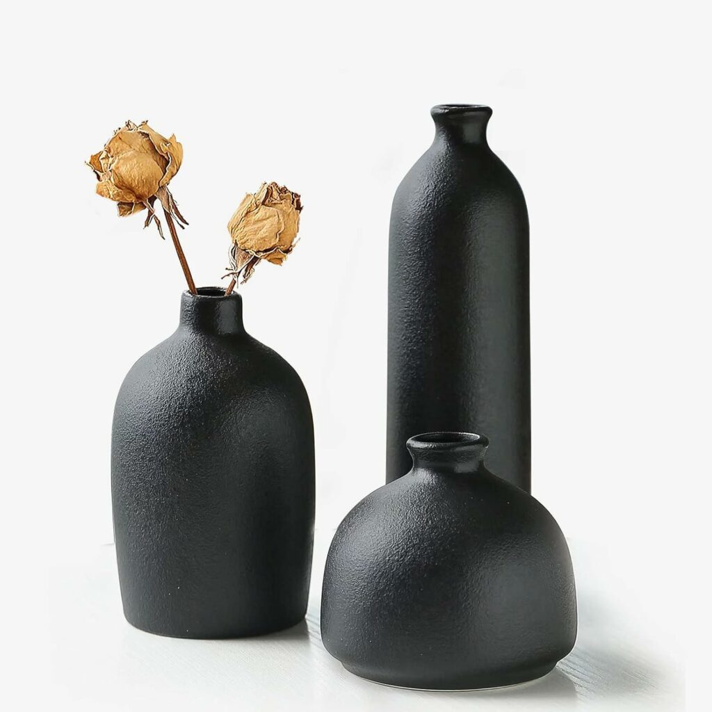 Black Ceramic Vase Set of 3,Small Flower Vases for Home Rustic Decor,Modern Farmhouse Decor,Shelf Decor,Table Decor and Mantel Decor Black Ceramic Vase Set of 3,Small Flower Vases for Home Rustic Decor,Modern Farmhouse Decor,Shelf Decor,Table Decor and Mantel Decor