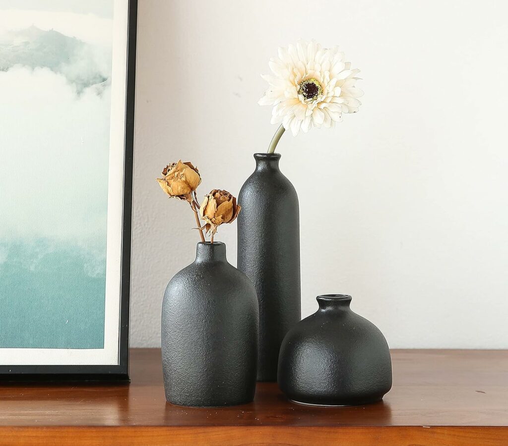 Black Ceramic Vase Set of 3,Small Flower Vases for Home Rustic Decor,Modern Farmhouse Decor,Shelf Decor,Table Decor and Mantel Decor Black Ceramic Vase Set of 3,Small Flower Vases for Home Rustic Decor,Modern Farmhouse Decor,Shelf Decor,Table Decor and Mantel Decor