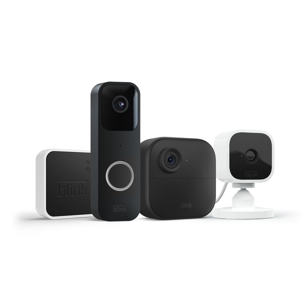 Blink Whole Home Bundle – Video Doorbell system (black), Outdoor 4 camera (black), and Mini camera (white) | HD video, motion detection, Works with Alexa Blink Whole Home Bundle – Video Doorbell system (black), Outdoor 4 camera (black), and Mini camera (white) | HD video, motion detection, Works with Alexa