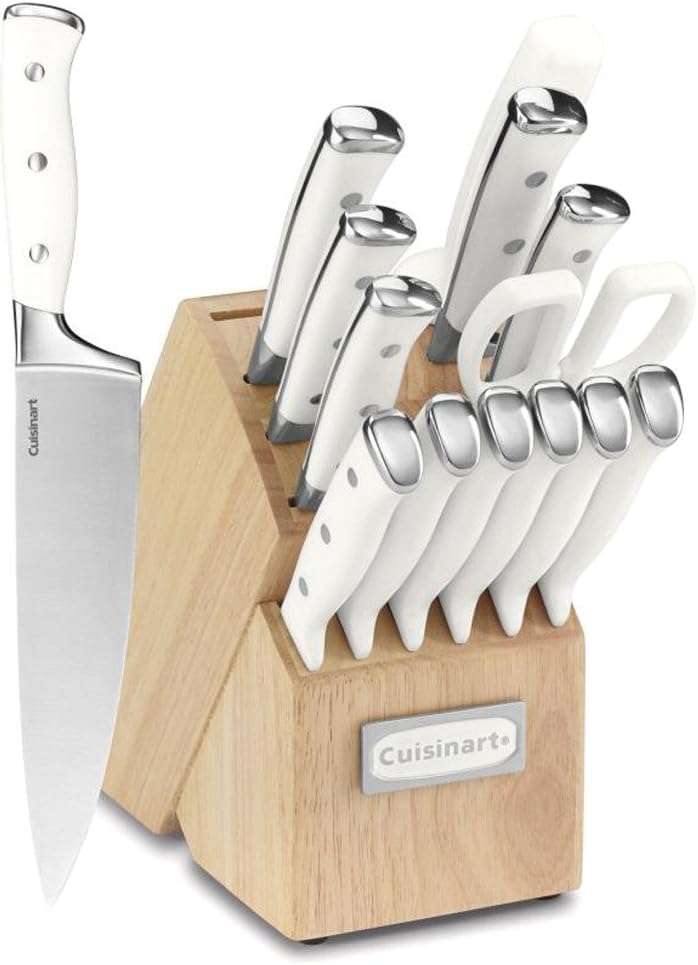 Cuisinart 15-Piece Knife Set with Block, High Carbon Stainless Steel, Forged Triple Rivet, White, C77WTR-15P Cuisinart 15-Piece Knife Set with Block, High Carbon Stainless Steel, Forged Triple Rivet, White, C77WTR-15P
