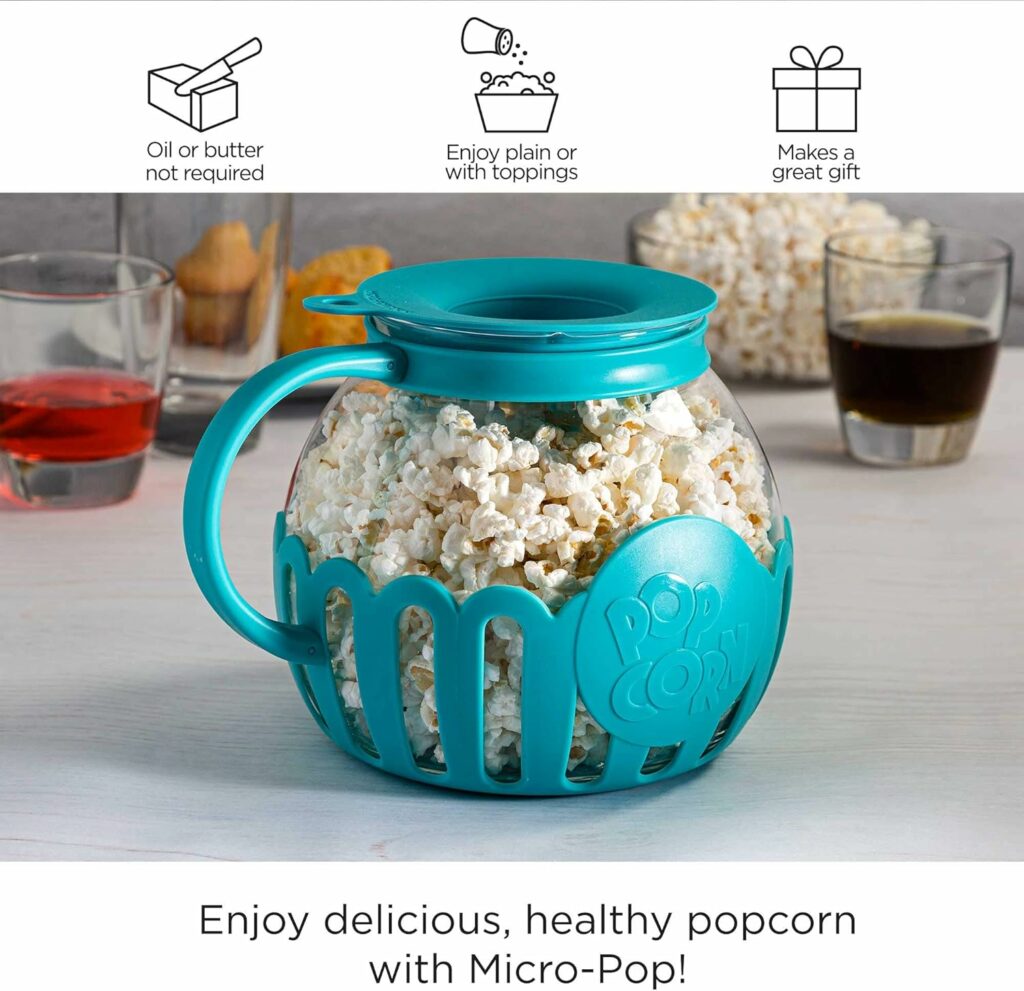 Ecolution Patented Micro-Pop Microwave Popcorn Popper with Temperature Safe Glass, 3-in-1 Lid Measures Kernels and Melts Butter, Made Without BPA, Dishwasher Safe, 1.5-Quart, Aqua Ecolution Patented Micro-Pop Microwave Popcorn Popper with Temperature Safe Glass, 3-in-1 Lid Measures Kernels and Melts Butter, Made Without BPA, Dishwasher Safe, 1.5-Quart, Aqua