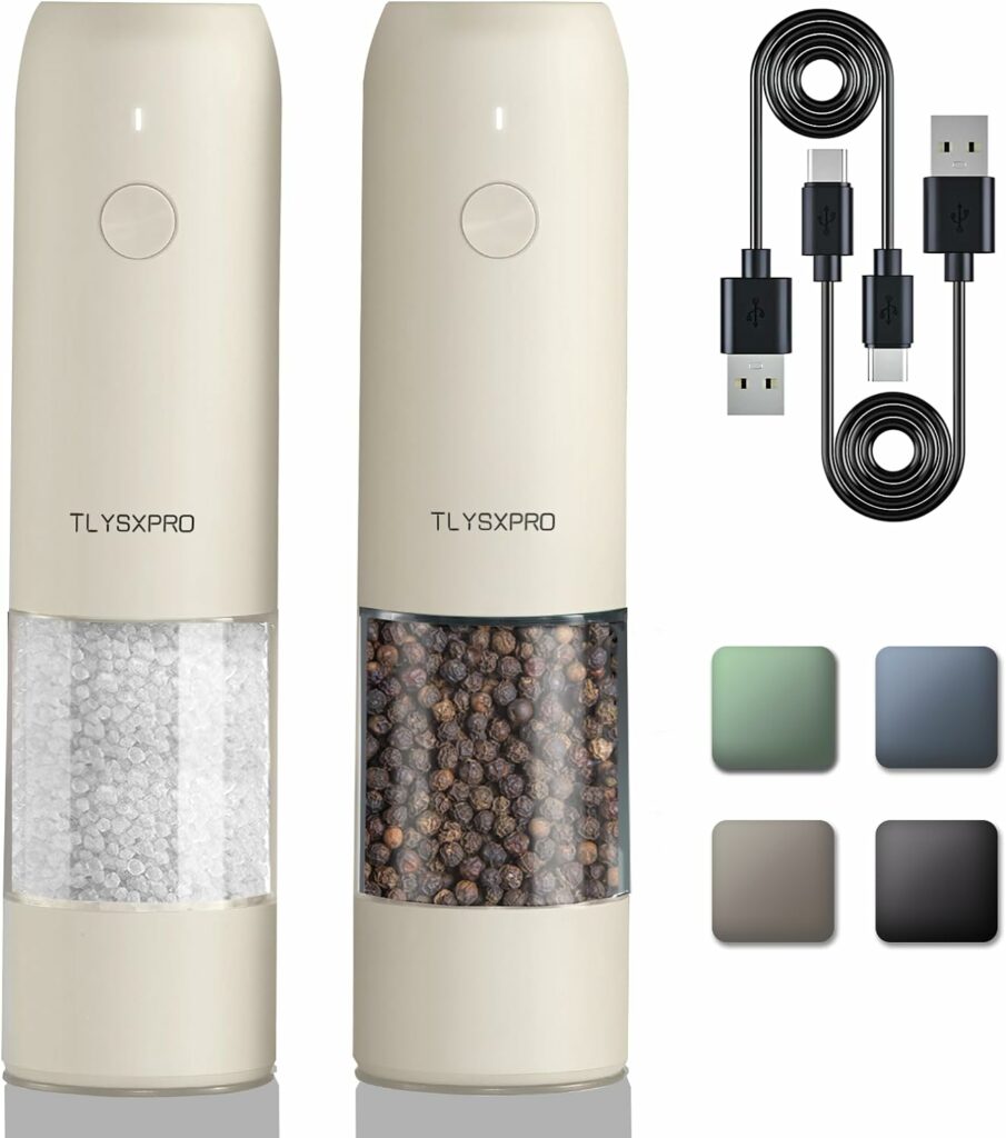 Electric Salt and Pepper Grinder Set, USB Rechargeable, Automatic Salt and Pepper Mill Grinder with Adjustable Coarseness, Electric Salt Shakers, LED Light, Refillable (2 Packs, Buttercream): Home  Kitchen Electric Salt and Pepper Grinder Set, USB Rechargeable, Automatic Salt and Pepper Mill Grinder with Adjustable Coarseness, Electric Salt Shakers, LED Light, Refillable (2 Packs, Buttercream): Home  Kitchen