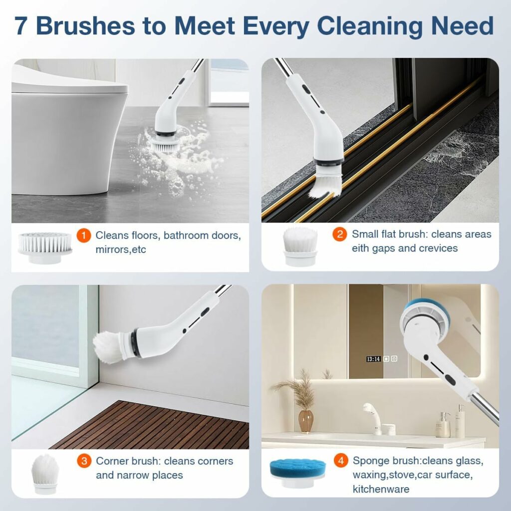 Electric Spin Scrubber for Bathroom, Cordless Cleaning Brush with 7 Replaceable Brush Heads. 2 Speeds Power Scrubber Brush for Bathroom Tub, Floor, Car, Tile. Unique Gift for Women Wife Grandma Friend Electric Spin Scrubber for Bathroom, Cordless Cleaning Brush with 7 Replaceable Brush Heads. 2 Speeds Power Scrubber Brush for Bathroom Tub, Floor, Car, Tile. Unique Gift for Women Wife Grandma Friend