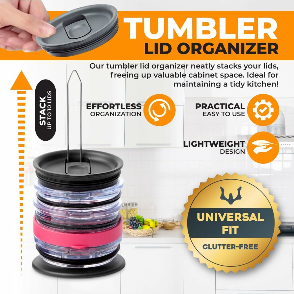 ELYPRO - Revolutionary Tumbler Lid Organizer - Space-Saving Design - Slim Vertical Storage for Up to 10 Lids, Clutter-Free Kitchen Cabinets and Countertops Organization ELYPRO - Revolutionary Tumbler Lid Organizer - Space-Saving Design - Slim Vertical Storage for Up to 10 Lids, Clutter-Free Kitchen Cabinets and Countertops Organization