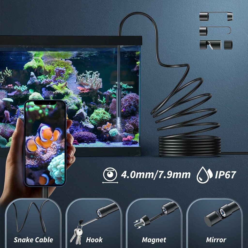 Endoscope Camera with Light, 1920P HD Borescope with 8 Adjustable LED Lights, Endoscope with 16.4ft Semi-Rigid Snake Camera, 7.9mm IP67 Waterproof Inspection Camera for iOS Endoscope Camera with Light, 1920P HD Borescope with 8 Adjustable LED Lights, Endoscope with 16.4ft Semi-Rigid Snake Camera, 7.9mm IP67 Waterproof Inspection Camera for iOS