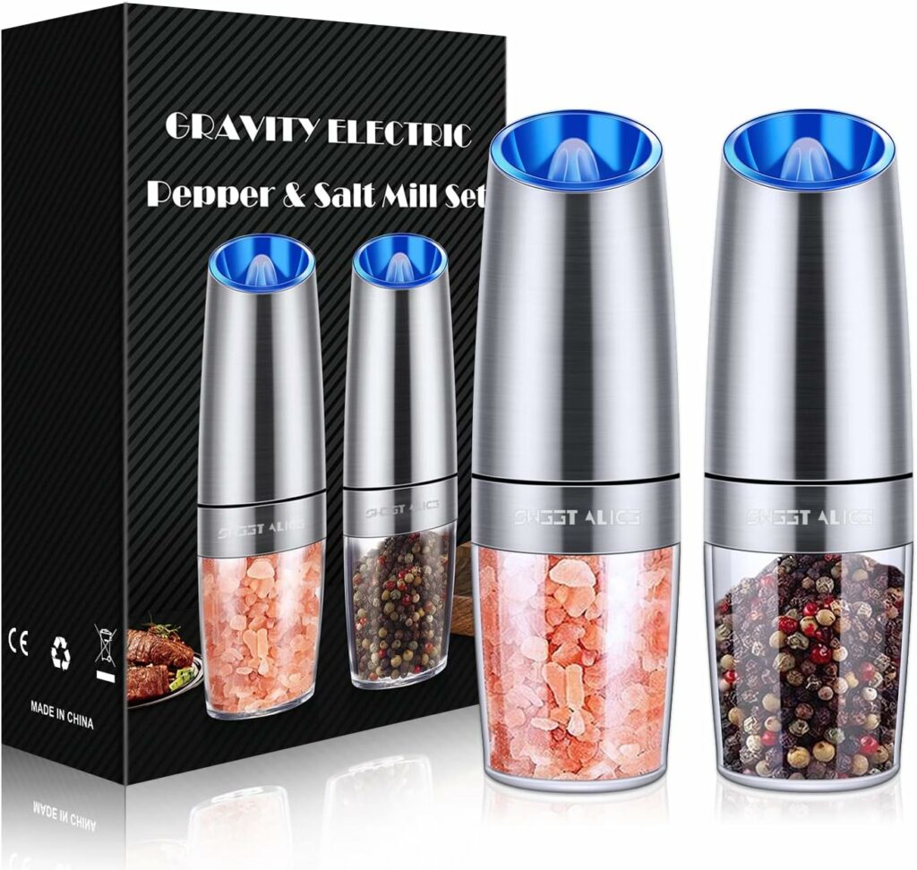 Gravity Electric Pepper and Salt Grinder Set, Salt and Pepper Mill  Adjustable Coarseness, Battery Powered with LED Light, One Hand Automatic Operation, Stainless Steel (Set/Silver) Gravity Electric Pepper and Salt Grinder Set, Salt and Pepper Mill  Adjustable Coarseness, Battery Powered with LED Light, One Hand Automatic Operation, Stainless Steel (Set/Silver)