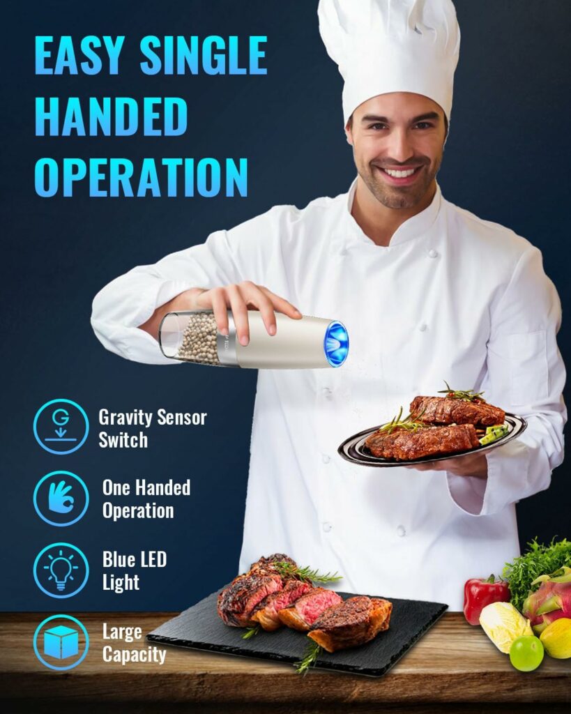 Gravity Electric Pepper and Salt Grinder Set, Salt and Pepper Mill  Adjustable Coarseness, Battery Powered with LED Light, One Hand Automatic Operation, Stainless Steel (Set/Silver) Gravity Electric Pepper and Salt Grinder Set, Salt and Pepper Mill  Adjustable Coarseness, Battery Powered with LED Light, One Hand Automatic Operation, Stainless Steel (Set/Silver)