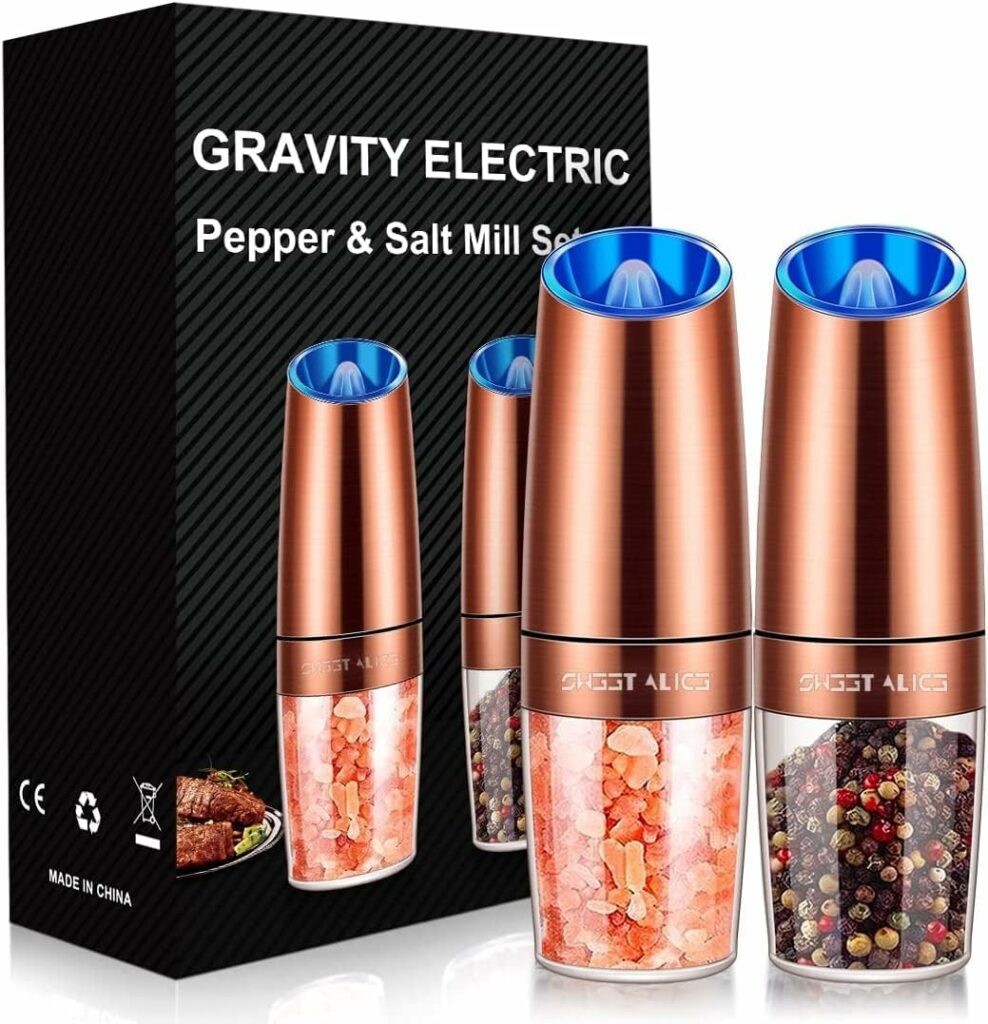 Gravity Electric Pepper and Salt Grinder Set, Salt and Pepper Mill  Adjustable Coarseness, Battery Powered with LED Light, One Hand Automatic Operation, Stainless Steel (Set/Silver) Gravity Electric Pepper and Salt Grinder Set, Salt and Pepper Mill  Adjustable Coarseness, Battery Powered with LED Light, One Hand Automatic Operation, Stainless Steel (Set/Silver)
