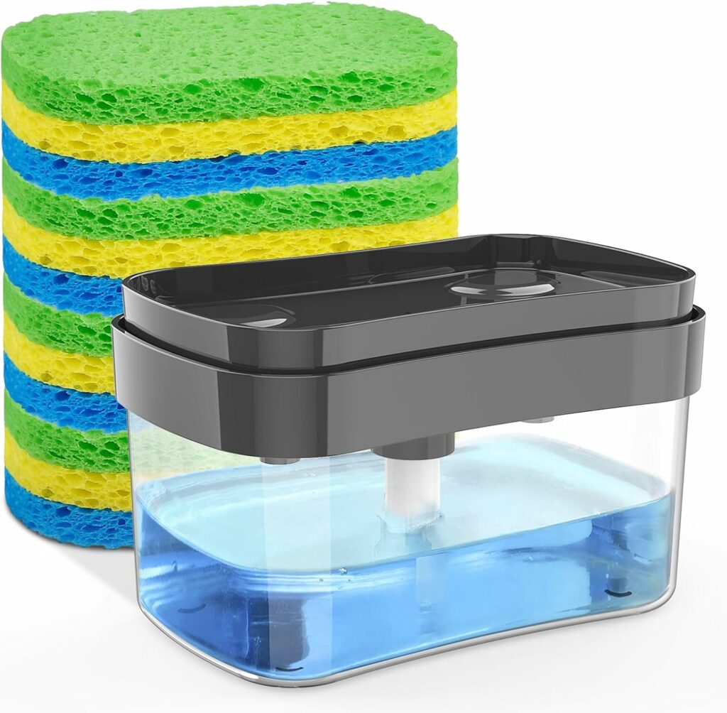 HOMEXCEL Sponges Dish Soap Dispenser for Kitchen Sink-12 Pack Compressed Cellulose Sponges-Sponge Holder Dish Washing Soap Dispenser-25 Ounces-Premium 2-in-1 Kitchen Gadgets,Sink Countertop Organizer HOMEXCEL Sponges Dish Soap Dispenser for Kitchen Sink-12 Pack Compressed Cellulose Sponges-Sponge Holder Dish Washing Soap Dispenser-25 Ounces-Premium 2-in-1 Kitchen Gadgets,Sink Countertop Organizer