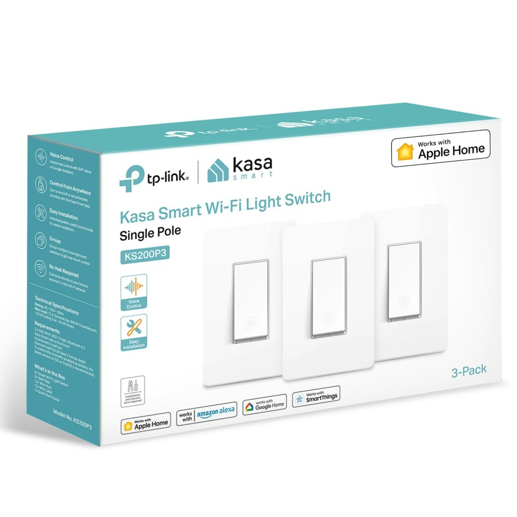 Kasa Apple HomeKit Smart Light Switch KS200P3, Single Pole, Neutral Wire Required, 2.4GHz Wi-Fi Light Switch Works with Siri, Alexa and Google Home, UL Certified, No Hub Required, White, 3-Pack