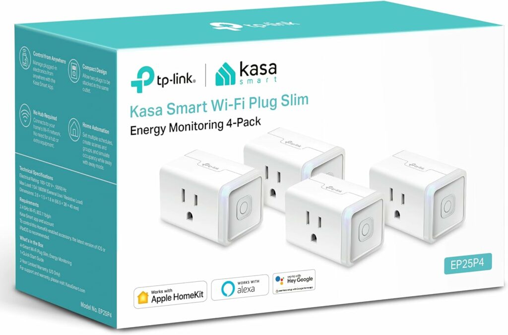 Kasa Smart Plug Mini 15A, Apple HomeKit Supported, Smart Outlet Works with Siri, Alexa  Google Home, UL Certified, App Control, Scheduling, Timer, 2.4G WiFi Only, 4-Pack (EP25P4), White Kasa Smart Plug Mini 15A, Apple HomeKit Supported, Smart Outlet Works with Siri, Alexa  Google Home, UL Certified, App Control, Scheduling, Timer, 2.4G WiFi Only, 4-Pack (EP25P4), White