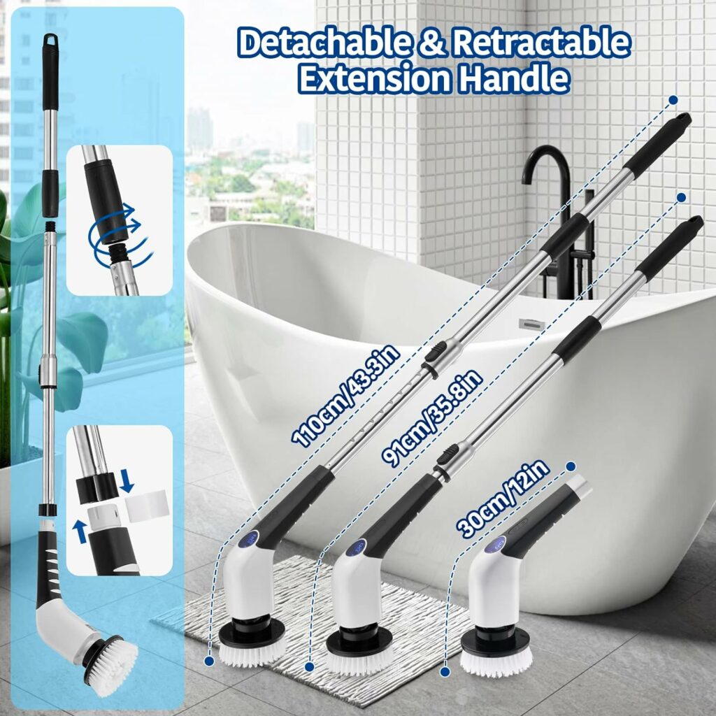 Keimi Electric Spin Scrubber, 2023 New Cordless Voice Prompt Shower Cleaning Brush with 8 Replaceable Brush Heads, 3 Adjustable Speeds, and Adjustable Extension Handle for Bathroom Floor Tile Keimi Electric Spin Scrubber, 2023 New Cordless Voice Prompt Shower Cleaning Brush with 8 Replaceable Brush Heads, 3 Adjustable Speeds, and Adjustable Extension Handle for Bathroom Floor Tile
