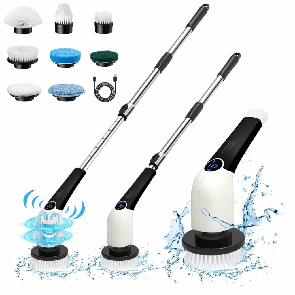 Keimi Electric Spin Scrubber, 2023 New Cordless Voice Prompt Shower Cleaning Brush with 8 Replaceable Brush Heads, 3 Adjustable Speeds, and Adjustable Extension Handle for Bathroom Floor Tile Keimi Electric Spin Scrubber, 2023 New Cordless Voice Prompt Shower Cleaning Brush with 8 Replaceable Brush Heads, 3 Adjustable Speeds, and Adjustable Extension Handle for Bathroom Floor Tile