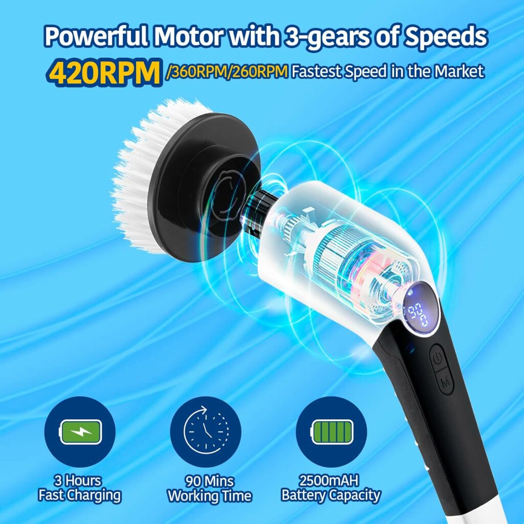 Keimi Electric Spin Scrubber, 2023 New Cordless Voice Prompt Shower Cleaning Brush with 8 Replaceable Brush Heads, 3 Adjustable Speeds, and Adjustable Extension Handle for Bathroom Floor Tile Keimi Electric Spin Scrubber, 2023 New Cordless Voice Prompt Shower Cleaning Brush with 8 Replaceable Brush Heads, 3 Adjustable Speeds, and Adjustable Extension Handle for Bathroom Floor Tile