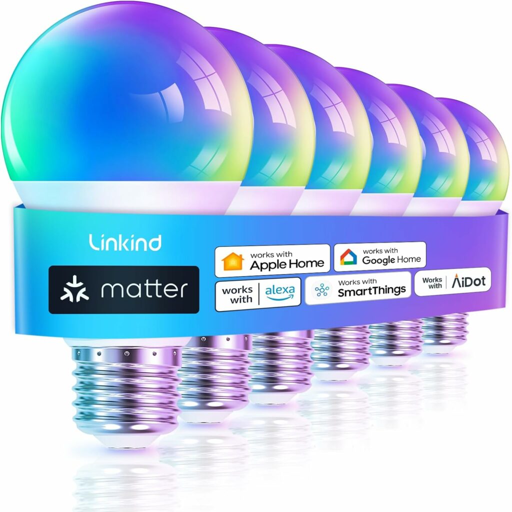 Linkind Matter WiFi Smart Light Bulbs Work with Apple Home, Siri, Google Home, Alexa, SmartThings, RGBTW Color Changing Light Bulbs Music Sync, Mood Lighting, 2.4Ghz WiFi Only A19 E26 60W 800LM 3 Pack Linkind Matter WiFi Smart Light Bulbs Work with Apple Home, Siri, Google Home, Alexa, SmartThings, RGBTW Color Changing Light Bulbs Music Sync, Mood Lighting, 2.4Ghz WiFi Only A19 E26 60W 800LM 3 Pack