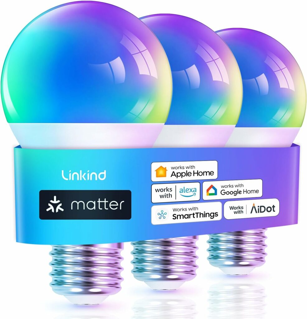 Linkind Matter WiFi Smart Light Bulbs Work with Apple Home, Siri, Google Home, Alexa, SmartThings, RGBTW Color Changing Light Bulbs Music Sync, Mood Lighting, 2.4Ghz WiFi Only A19 E26 60W 800LM 3 Pack Linkind Matter WiFi Smart Light Bulbs Work with Apple Home, Siri, Google Home, Alexa, SmartThings, RGBTW Color Changing Light Bulbs Music Sync, Mood Lighting, 2.4Ghz WiFi Only A19 E26 60W 800LM 3 Pack
