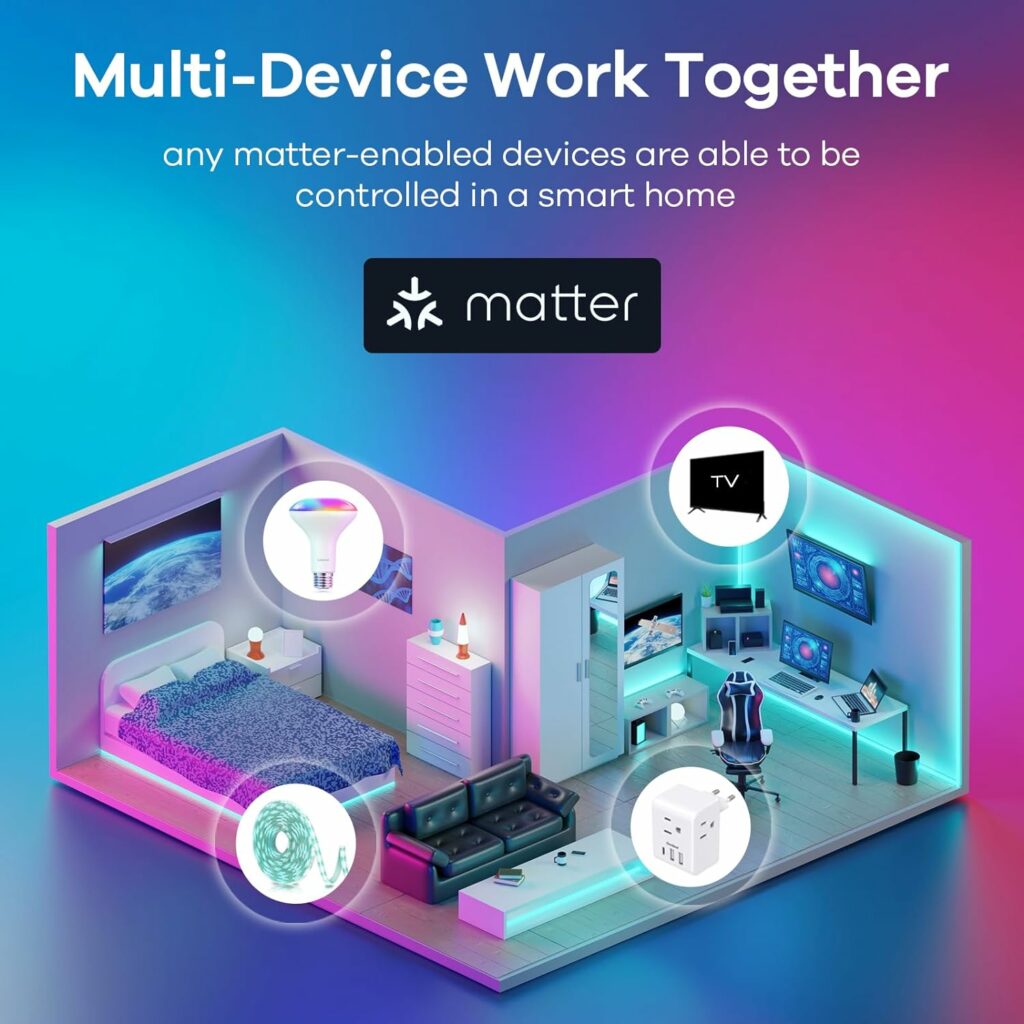 Linkind Matter WiFi Smart Light Bulbs Work with Apple Home/Siri/Google Home/Alexa/SmartThings, RGBTW LED Color Changing Bulbs Music Sync, Smart Home Integration, A19 E26 60W 2.4Ghz WiFi Only 4 Pack