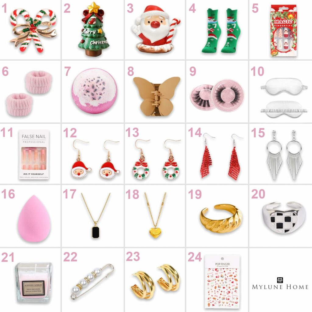 MH MYLUNE HOME Advent Calendar 2023-24, 24 pieces Beauty Fashion and Jewelry Countdown Gifts Holiday, Xmas Surprise Gift Set for Women MH MYLUNE HOME Advent Calendar 2023-24, 24 pieces Beauty Fashion and Jewelry Countdown Gifts Holiday, Xmas Surprise Gift Set for Women