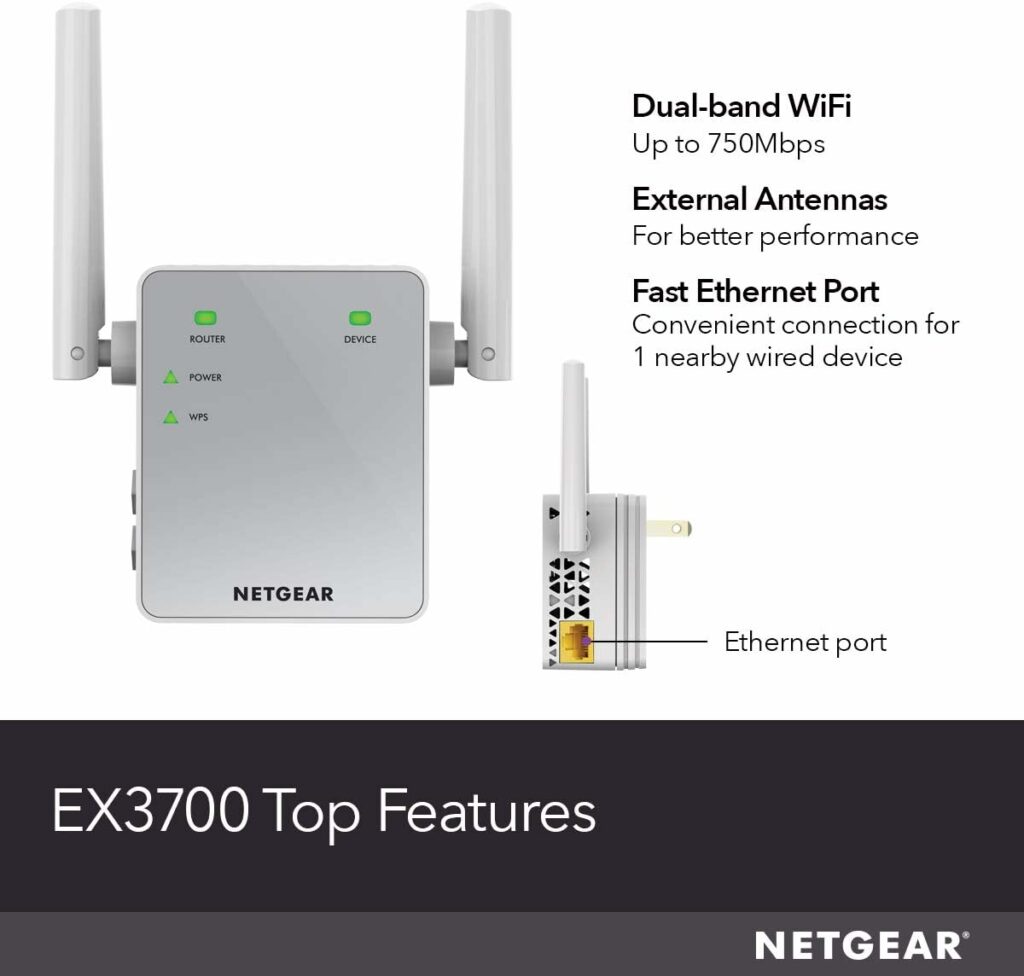 NETGEAR Wi-Fi Range Extender EX3700 - Coverage Up to 1000 Sq Ft and 15 Devices with AC750 Dual Band Wireless Signal Booster  Repeater (Up to 750Mbps Speed), and Compact Wall Plug Design NETGEAR Wi-Fi Range Extender EX3700 - Coverage Up to 1000 Sq Ft and 15 Devices with AC750 Dual Band Wireless Signal Booster  Repeater (Up to 750Mbps Speed), and Compact Wall Plug Design