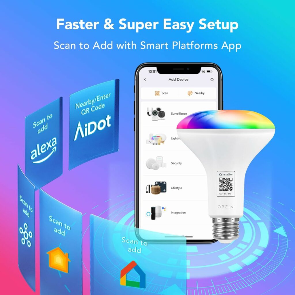 OREiN Matter Smart Light Bulbs Reliable WiFi Light Bulb with Matter A19 E26 LED Color Changing Light Bulbs 60W Equi 800LM CRI90 Work with Alexa/Google Home/Apple Home/SmartThings/Siri 4Pack OREiN Matter Smart Light Bulbs Reliable WiFi Light Bulb with Matter A19 E26 LED Color Changing Light Bulbs 60W Equi 800LM CRI90 Work with Alexa/Google Home/Apple Home/SmartThings/Siri 4Pack