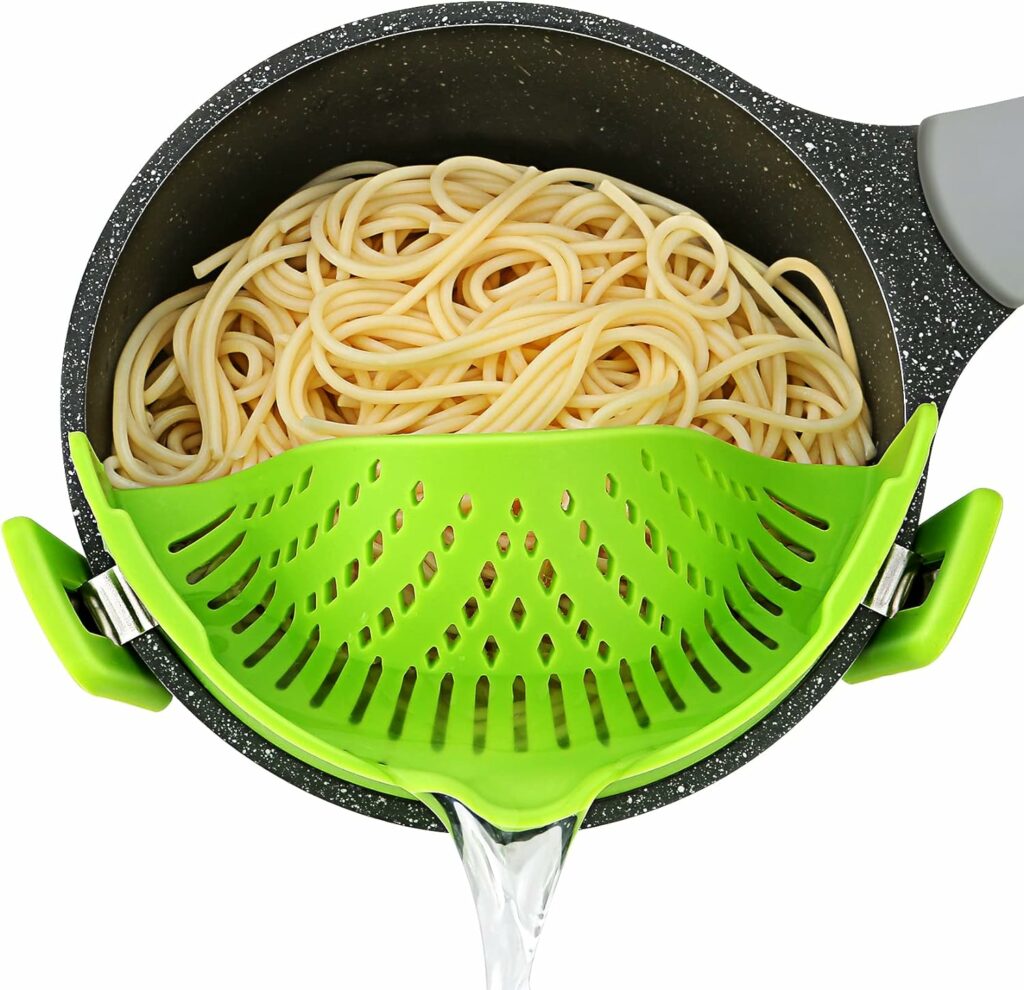 Pasta Strainer, Pot Strainer Clip on Silicone – Adjustable Clip on Strainer for Pots, Strainers and Colanders, Silicone Strainer, Food Strainer, Pasta Drainer, Colander (Green) By Stoto Pasta Strainer, Pot Strainer Clip on Silicone – Adjustable Clip on Strainer for Pots, Strainers and Colanders, Silicone Strainer, Food Strainer, Pasta Drainer, Colander (Green) By Stoto