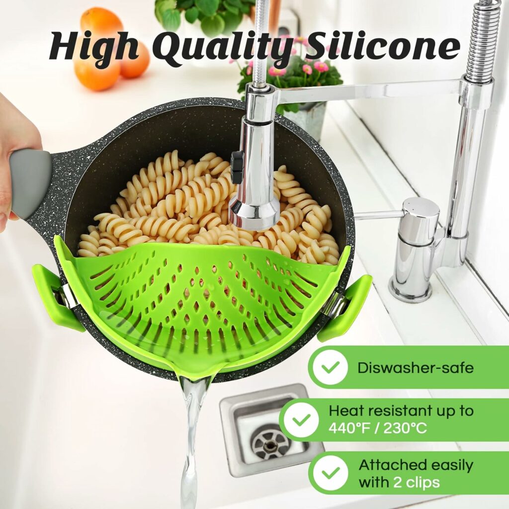 Pasta Strainer, Pot Strainer Clip on Silicone – Adjustable Clip on Strainer for Pots, Strainers and Colanders, Silicone Strainer, Food Strainer, Pasta Drainer, Colander (Green) By Stoto Pasta Strainer, Pot Strainer Clip on Silicone – Adjustable Clip on Strainer for Pots, Strainers and Colanders, Silicone Strainer, Food Strainer, Pasta Drainer, Colander (Green) By Stoto