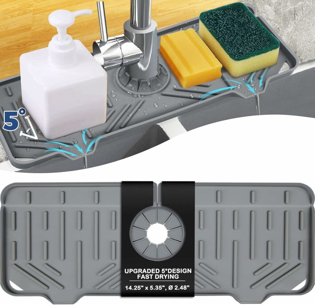 Silicone Faucet Handle Drip Catcher Tray Mat, Silicone Faucet Mat Dish Soap Sponge Holder for Kitchen Sink Accessories Gadgets, Drying Mat for Kitchen Counter Bathroom Kitchen Sink Splash Guard -Grey Silicone Faucet Handle Drip Catcher Tray Mat, Silicone Faucet Mat Dish Soap Sponge Holder for Kitchen Sink Accessories Gadgets, Drying Mat for Kitchen Counter Bathroom Kitchen Sink Splash Guard -Grey