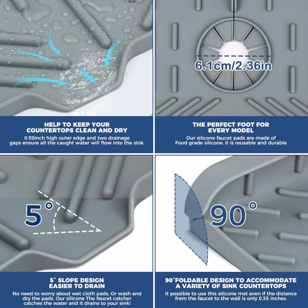 Silicone Faucet Handle Drip Catcher Tray Mat, Silicone Faucet Mat Dish Soap Sponge Holder for Kitchen Sink Accessories Gadgets, Drying Mat for Kitchen Counter Bathroom Kitchen Sink Splash Guard -Grey Silicone Faucet Handle Drip Catcher Tray Mat, Silicone Faucet Mat Dish Soap Sponge Holder for Kitchen Sink Accessories Gadgets, Drying Mat for Kitchen Counter Bathroom Kitchen Sink Splash Guard -Grey