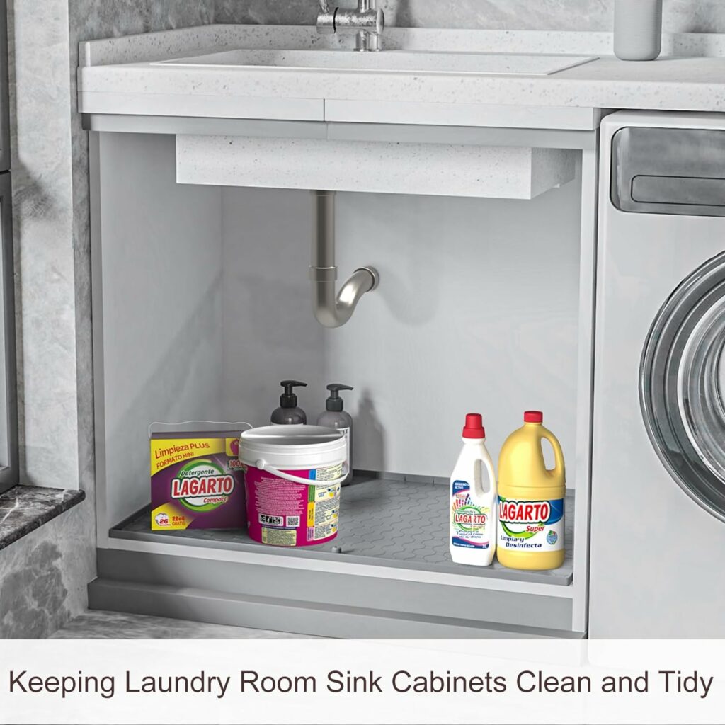 Under Sink Mat for Kitchen Waterproof 34 x 22 Under Sink Liners Kitchen Bathroom Cabinet Mats, Silicone Mat Cabinet Shelf Protector with Drain Hole, Under Sink Drip Tray (Grey) with 2 Scrub Sponges Under Sink Mat for Kitchen Waterproof 34 x 22 Under Sink Liners Kitchen Bathroom Cabinet Mats, Silicone Mat Cabinet Shelf Protector with Drain Hole, Under Sink Drip Tray (Grey) with 2 Scrub Sponges