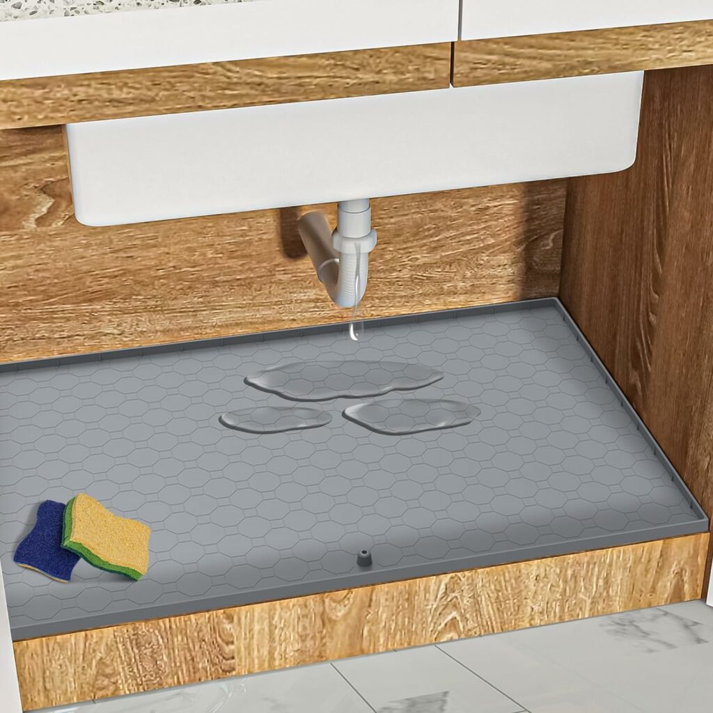 Under Sink Mat for Kitchen Waterproof 34 x 22 Under Sink Liners Kitchen Bathroom Cabinet Mats, Silicone Mat Cabinet Shelf Protector with Drain Hole, Under Sink Drip Tray (Grey) with 2 Scrub Sponges Under Sink Mat for Kitchen Waterproof 34 x 22 Under Sink Liners Kitchen Bathroom Cabinet Mats, Silicone Mat Cabinet Shelf Protector with Drain Hole, Under Sink Drip Tray (Grey) with 2 Scrub Sponges