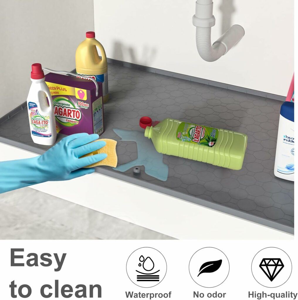 Under Sink Mat for Kitchen Waterproof 34 x 22 Under Sink Liners Kitchen Bathroom Cabinet Mats, Silicone Mat Cabinet Shelf Protector with Drain Hole, Under Sink Drip Tray (Grey) with 2 Scrub Sponges Under Sink Mat for Kitchen Waterproof 34 x 22 Under Sink Liners Kitchen Bathroom Cabinet Mats, Silicone Mat Cabinet Shelf Protector with Drain Hole, Under Sink Drip Tray (Grey) with 2 Scrub Sponges