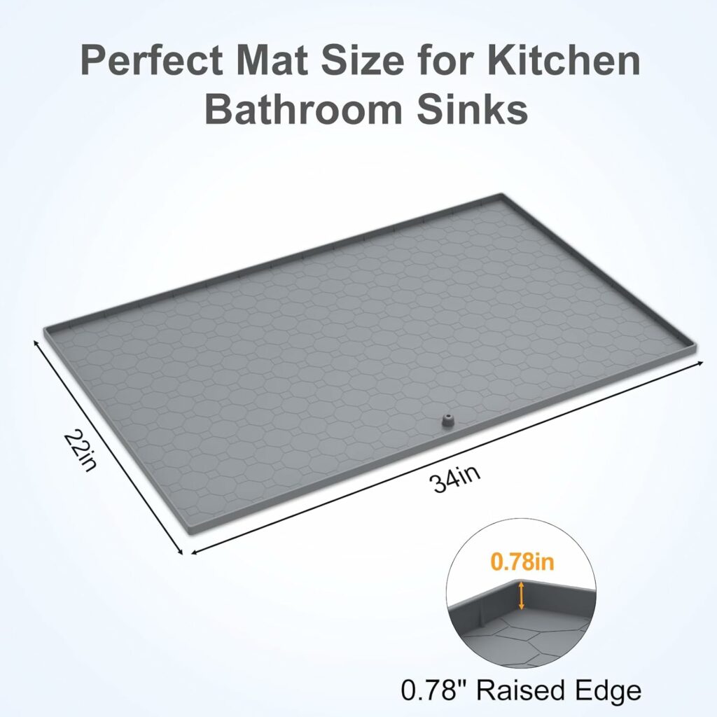 Under Sink Mat for Kitchen Waterproof 34 x 22 Under Sink Liners Kitchen Bathroom Cabinet Mats, Silicone Mat Cabinet Shelf Protector with Drain Hole, Under Sink Drip Tray (Grey) with 2 Scrub Sponges Under Sink Mat for Kitchen Waterproof 34 x 22 Under Sink Liners Kitchen Bathroom Cabinet Mats, Silicone Mat Cabinet Shelf Protector with Drain Hole, Under Sink Drip Tray (Grey) with 2 Scrub Sponges