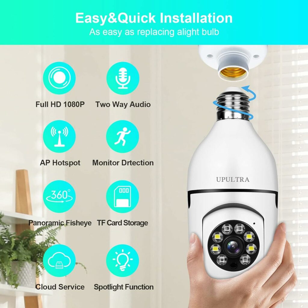 UPULTRA Security Camera 2packs 1080P Wireless WiFi Outdoor Home IP Camera E27 360 Degree Panoramic,Motion Detection and Alarm,Two-Way Audio,Night Vision UPULTRA Security Camera 2packs 1080P Wireless WiFi Outdoor Home IP Camera E27 360 Degree Panoramic,Motion Detection and Alarm,Two-Way Audio,Night Vision