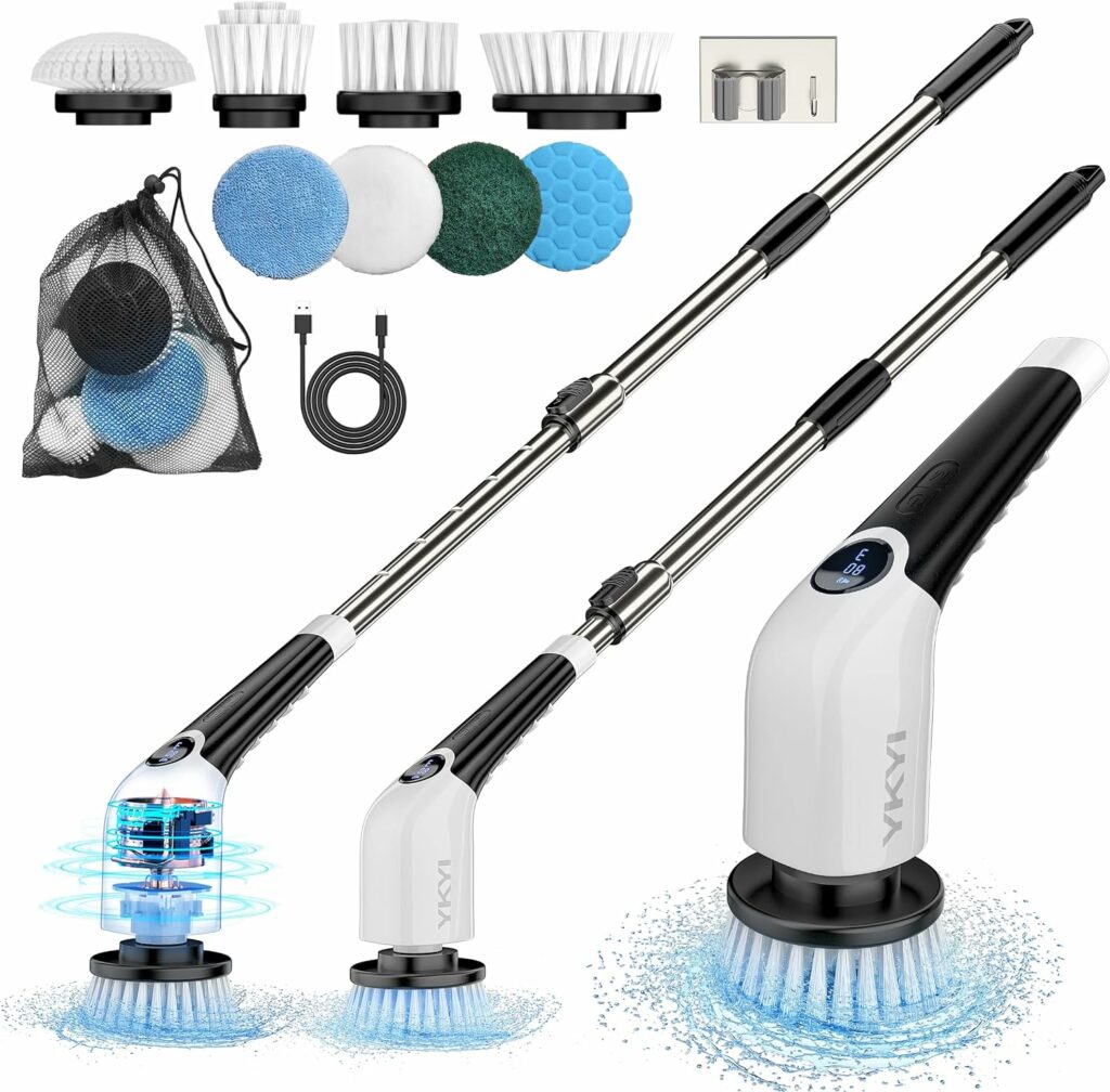 YKYI Electric Spin Scrubber,Cordless Cleaning Brush,Shower Cleaning Brush with 8 Replaceable Brush Heads, Power Scrubber 3 Adjustable Speeds,Adjustable  Detachable Long Handle,Voice Broadcast YKYI Electric Spin Scrubber,Cordless Cleaning Brush,Shower Cleaning Brush with 8 Replaceable Brush Heads, Power Scrubber 3 Adjustable Speeds,Adjustable  Detachable Long Handle,Voice Broadcast